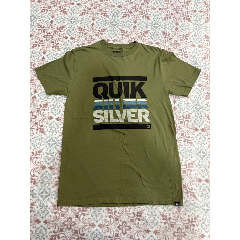 Quiksilver Mens Slim Fit Graphic T-Shirt Olive Green Cotton Size Medium